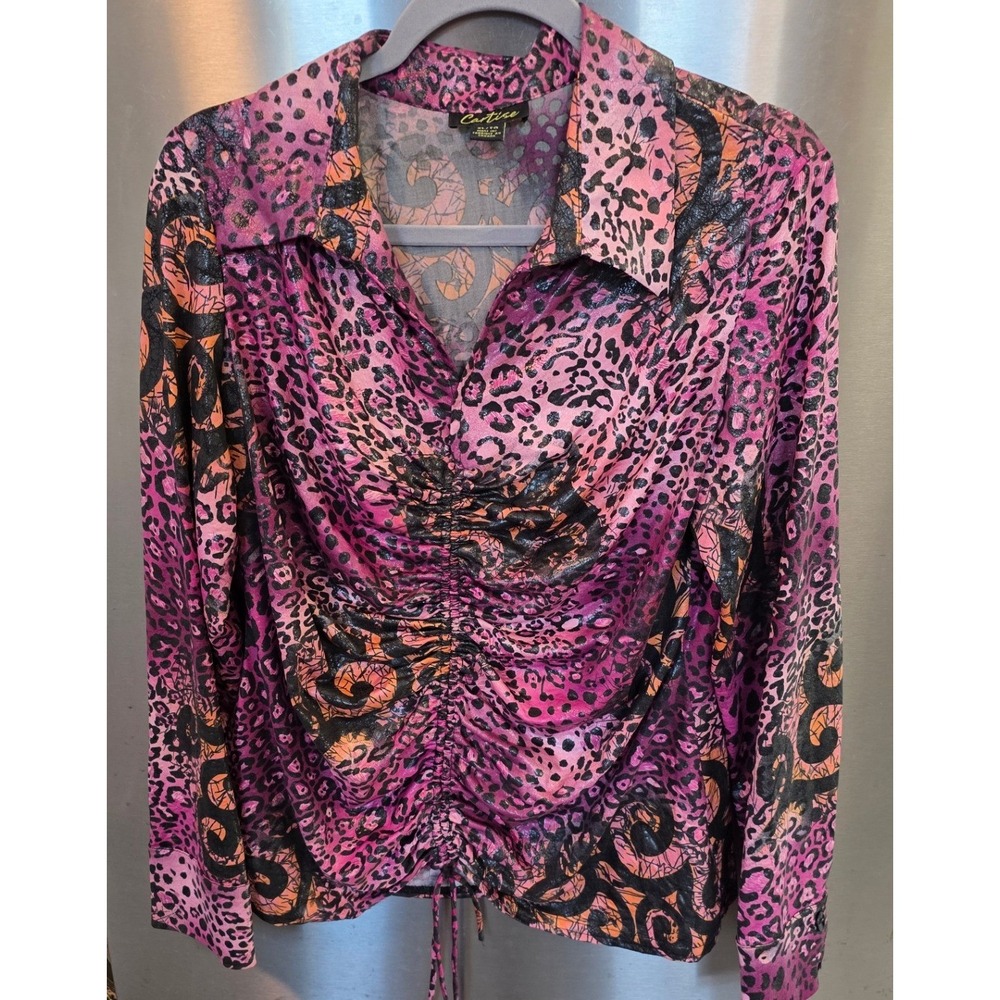 Cartise Womens XL Blouse Pink Leopard Ruched Front Long Sleeve Metallic Top